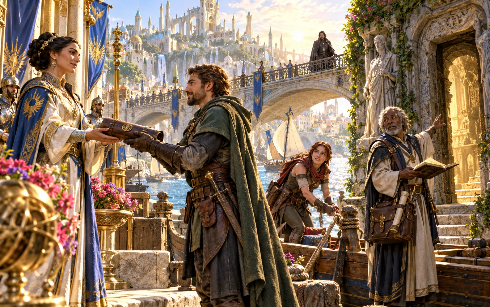 Illustrated adventurers receive a scroll while others attend to a waiting boat beside a harbour.