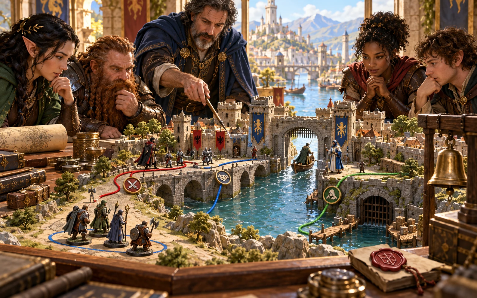 Illustrated players compare coloured routes and timing around a miniature city gate and harbour.